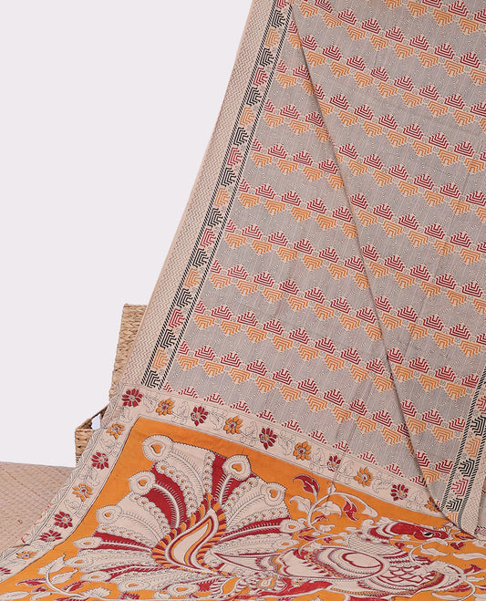 Multi-color geometric machine printed kalamkari cotton saree, self-border & contrast pallu of peacocks