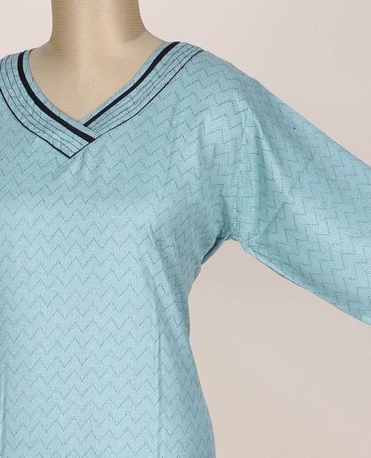 Blue chevron stripes printed v-neck 3/4th sleeve nighty