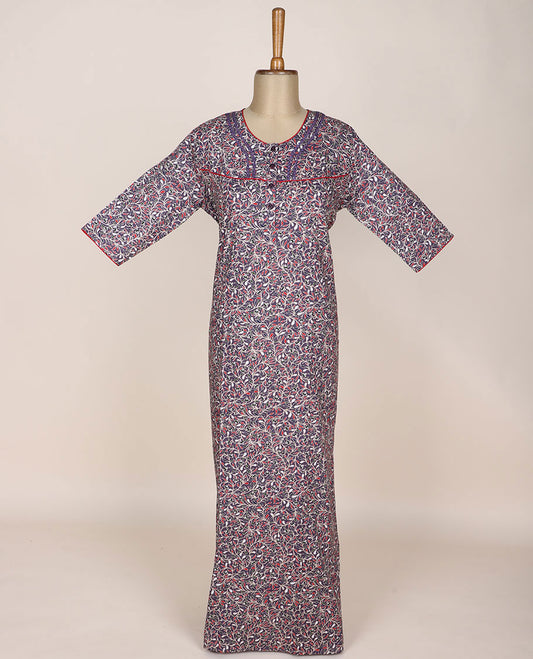 Grey floral vine printed with lace work round-neck 3/4th sleeve nighty