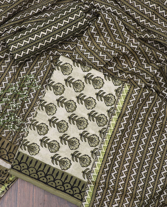 Green Jaipur cotton material chudidhar,floral motif printed top,chevron stripes printed bottom & chevron printed dupatta
