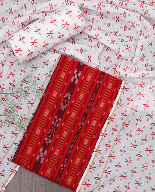 Red ikkat cotton material chudidhar set, ikkat printed top, contrast ikkat motif printed bottom & dupatta
