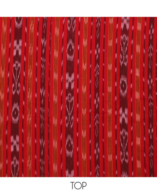 Red ikkat cotton material chudidhar set, ikkat printed top, contrast ikkat motif printed bottom & dupatta