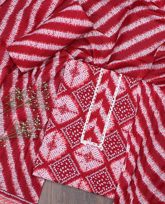 Maroon Jaipur cotton material chudidhar set, intricately printed top, printed bottom & dupatta of lehariya stripes