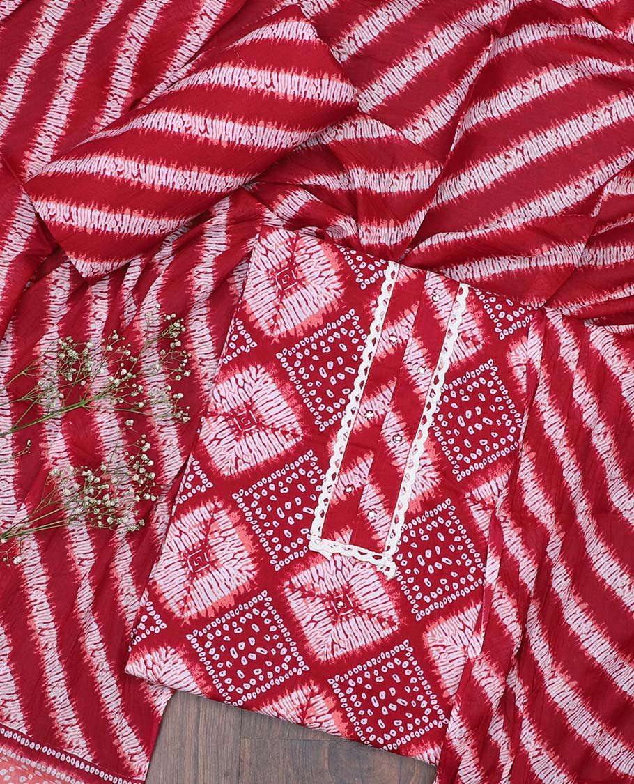 Maroon Jaipur cotton material chudidhar set, intricately printed top, printed bottom & dupatta of lehariya stripes