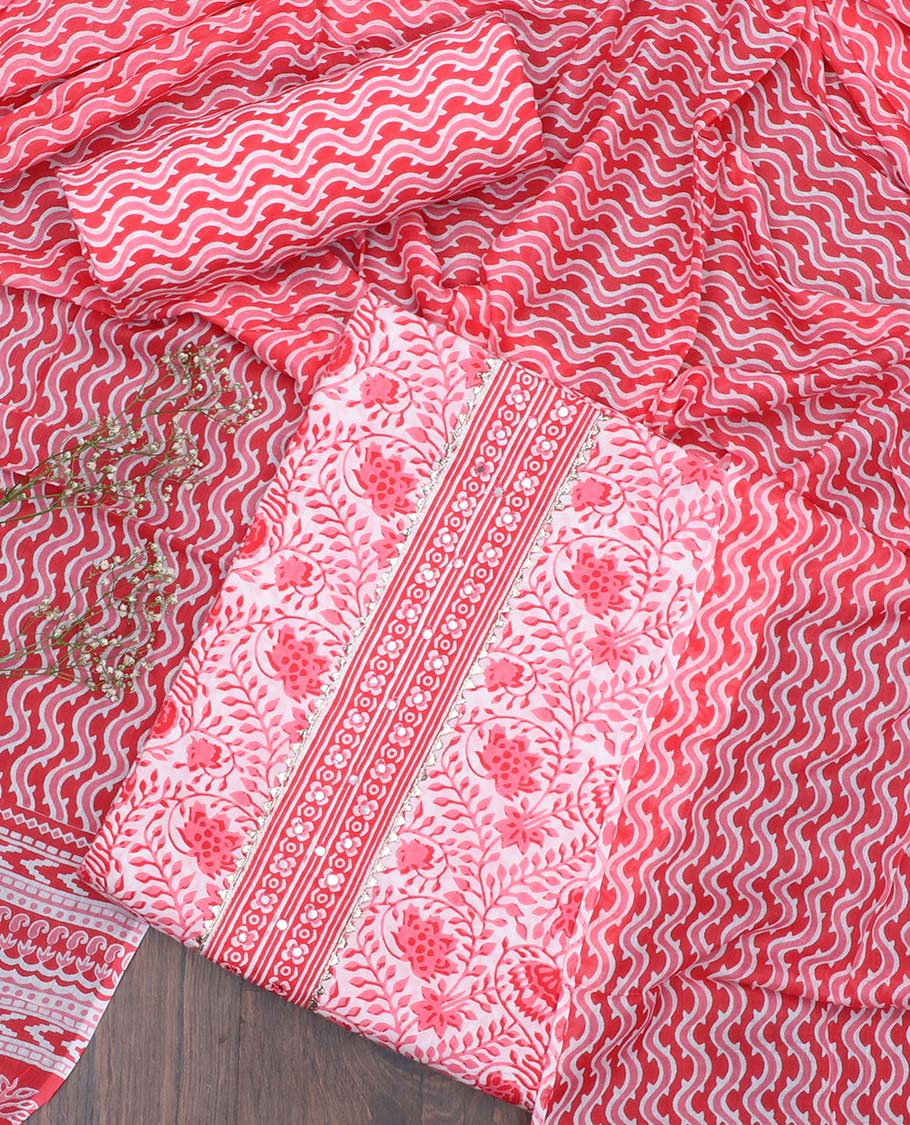 Cream Jaipur cotton material chudidhar set, floral vine printed top, chevron printed bottom & dupatta of chevron print