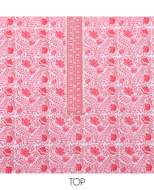 Cream Jaipur cotton material chudidhar set, floral vine printed top, chevron printed bottom & dupatta of chevron print