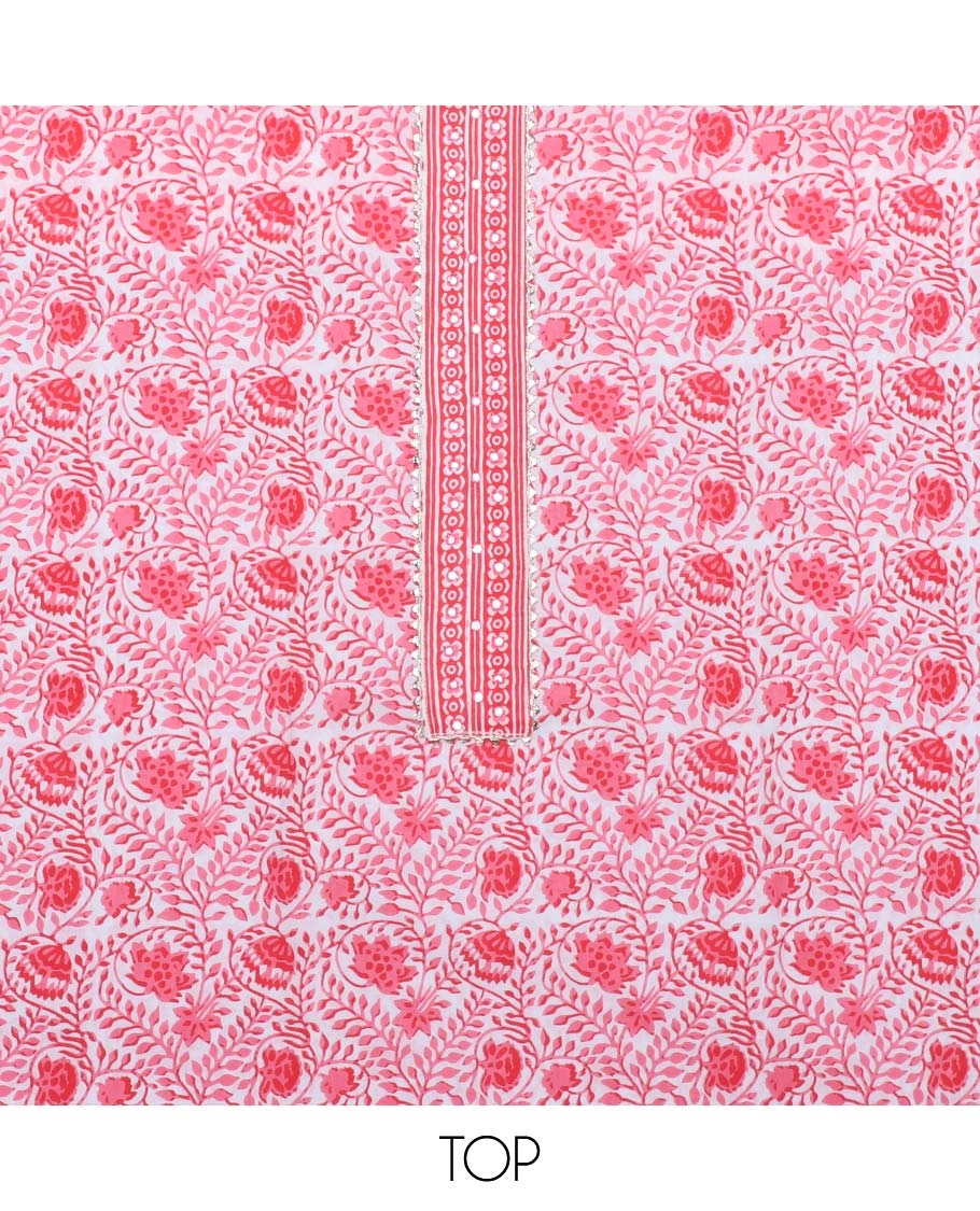 Cream Jaipur cotton material chudidhar set, floral vine printed top, chevron printed bottom & dupatta of chevron print