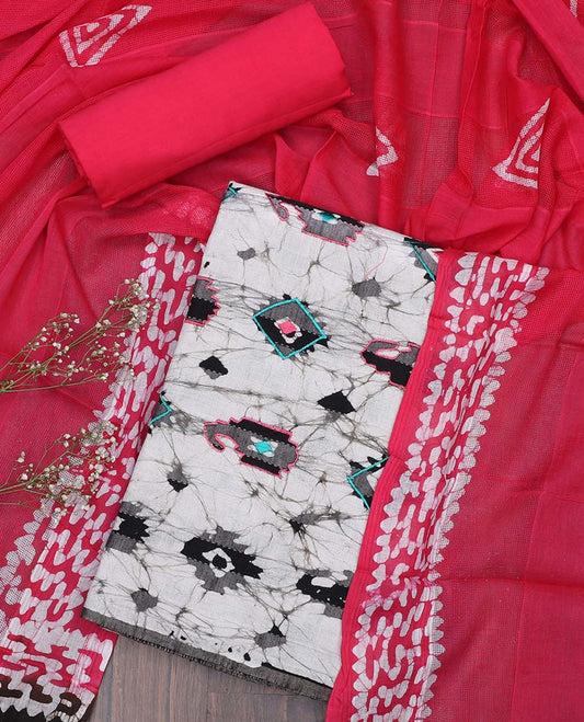 Multi-color Jaipur cotton material chudidhar set, batik-print top, contrast plain bottom & batik-printed dupatta