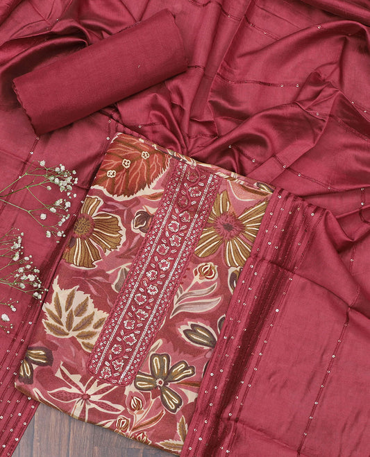 Red material chudidhar set, tropical floral printed & embroidery top, plain bottom & sequins striped dupatta