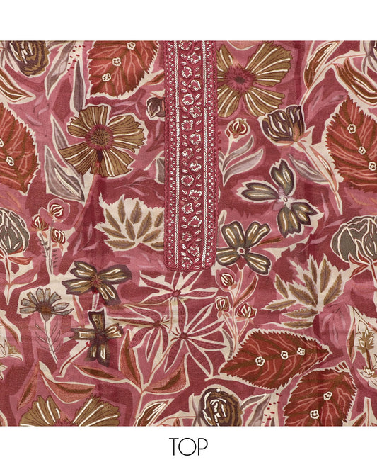 Red material chudidhar set, tropical floral printed & embroidery top, plain bottom & sequins striped dupatta