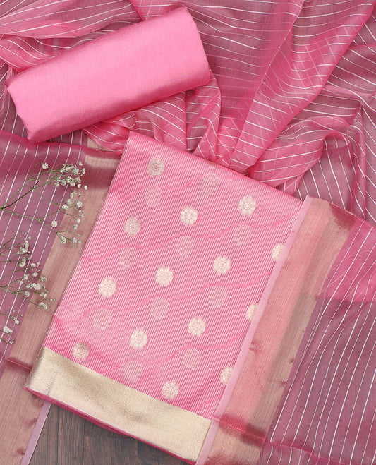 Pink material chudidhar set, zig-zag spare stripes & flower buttas top, plain bottom & striped dupatta