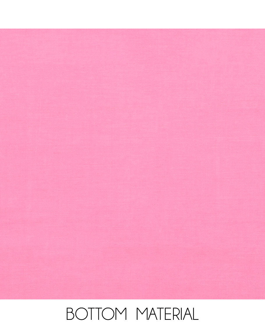 Pink material chudidhar set, zig-zag spare stripes & flower buttas top, plain bottom & striped dupatta