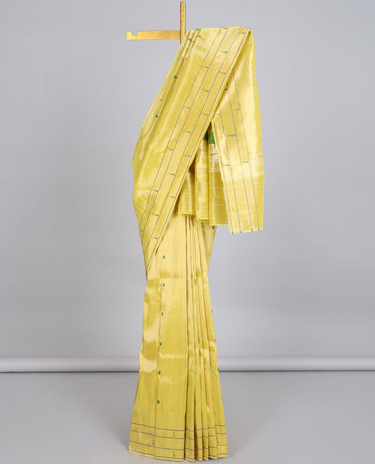 Yellow paithani silk saree with buttas, muniya motif border & pallu of colorful tree, bird & deer motifs weave