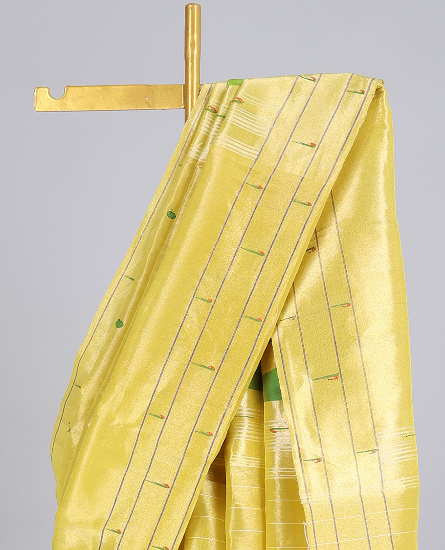 Yellow paithani silk saree with buttas, muniya motif border & pallu of colorful tree, bird & deer motifs weave