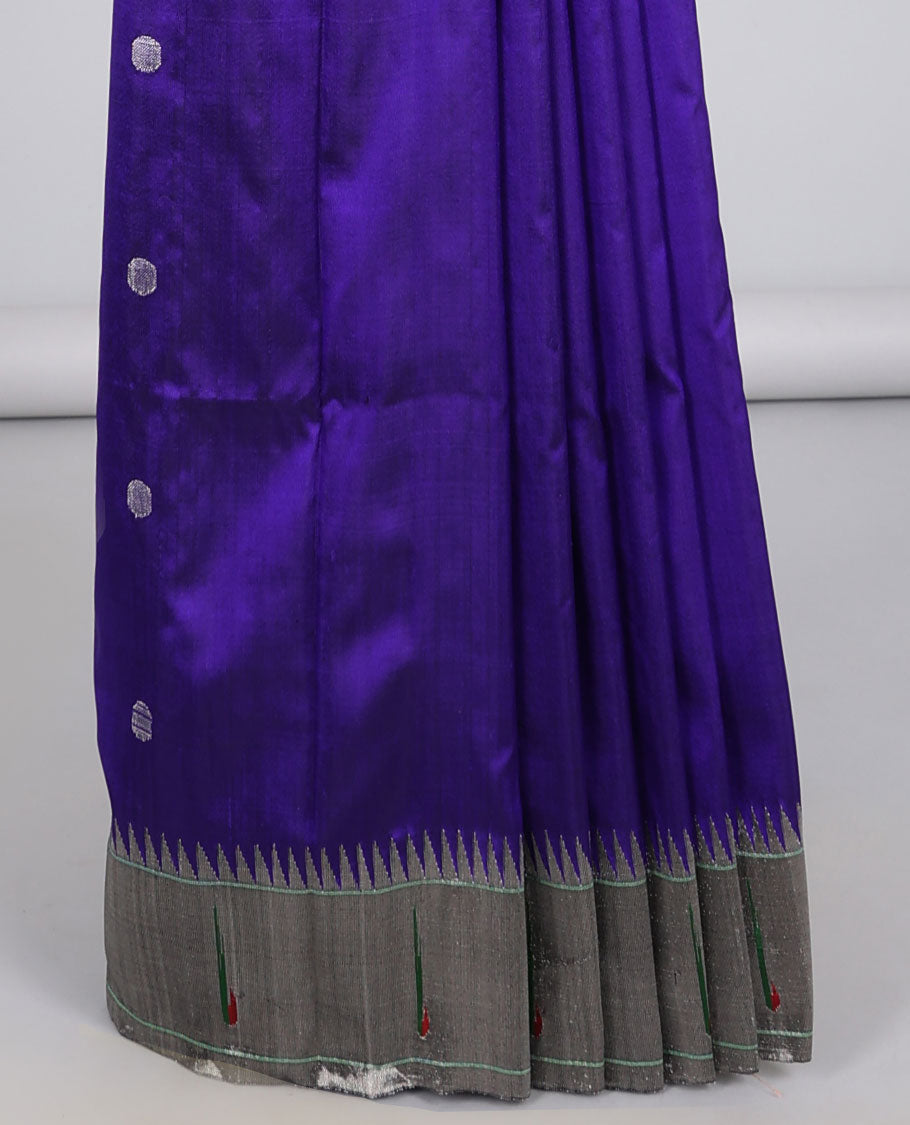 Blue paithani silk saree with flower zari buttas, contrast vidarbha muniya border & pallu of colorful floral vine & bird