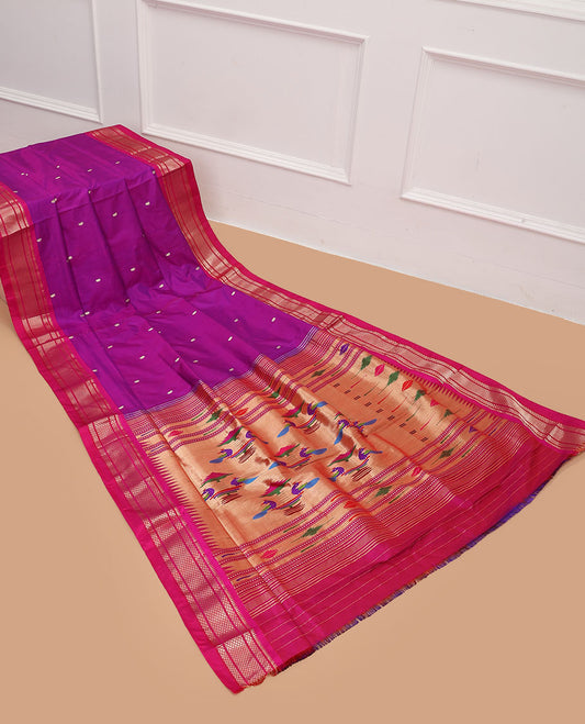 Purple paithani silk saree with zari buttas, contrast traditional design border & pallu of paithani peacock designs