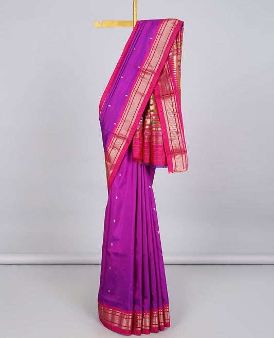 Purple paithani silk saree with zari buttas, contrast traditional design border & pallu of paithani peacock designs