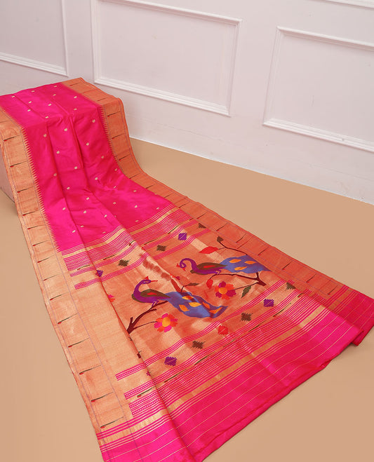 Pink paithani silk saree with zari buttas, contrast muniya border & pallu of floral & paithani peacocks