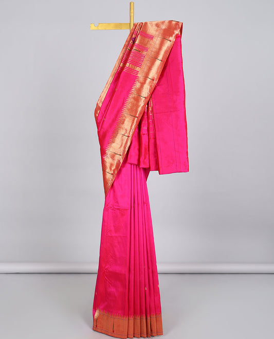 Pink paithani silk saree with zari buttas, contrast muniya border & pallu of floral & paithani peacocks