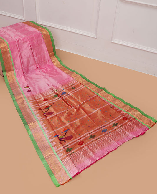 Pink paithani silk saree with zari buttas, contrast traditional design border & pallu of paithani peacocks