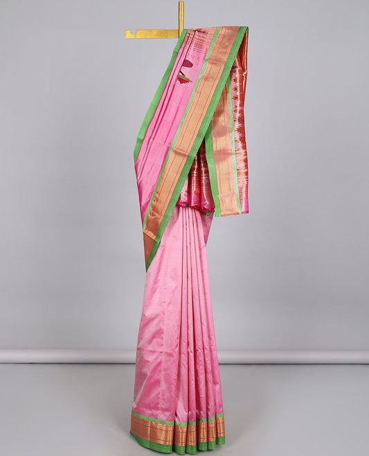 Pink paithani silk saree with zari buttas, contrast traditional design border & pallu of paithani peacocks