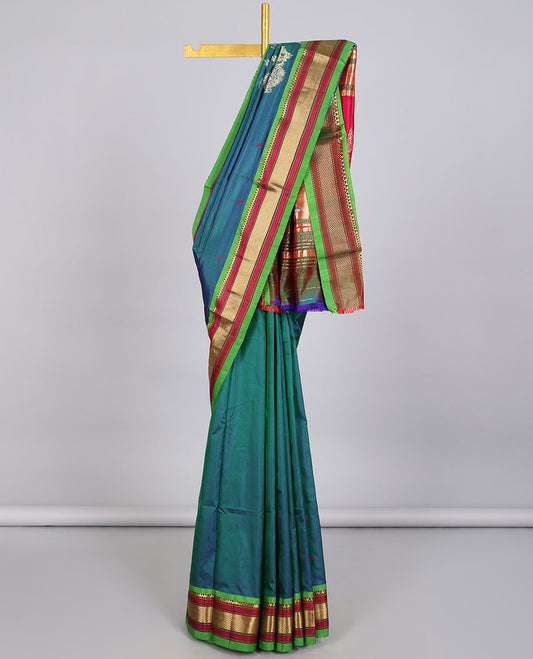 Blue paithani silk saree with zari buttas, contrast traditional zari design border & zari-rich pallu