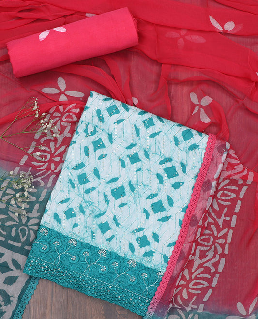Blue material chudidhar set, geometric batik printed & embroidered top, contrast printed bottom & dupatta of batik-print
