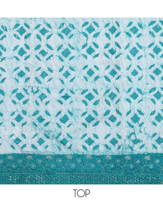 Blue material chudidhar set, geometric batik printed & embroidered top, contrast printed bottom & dupatta of batik-print
