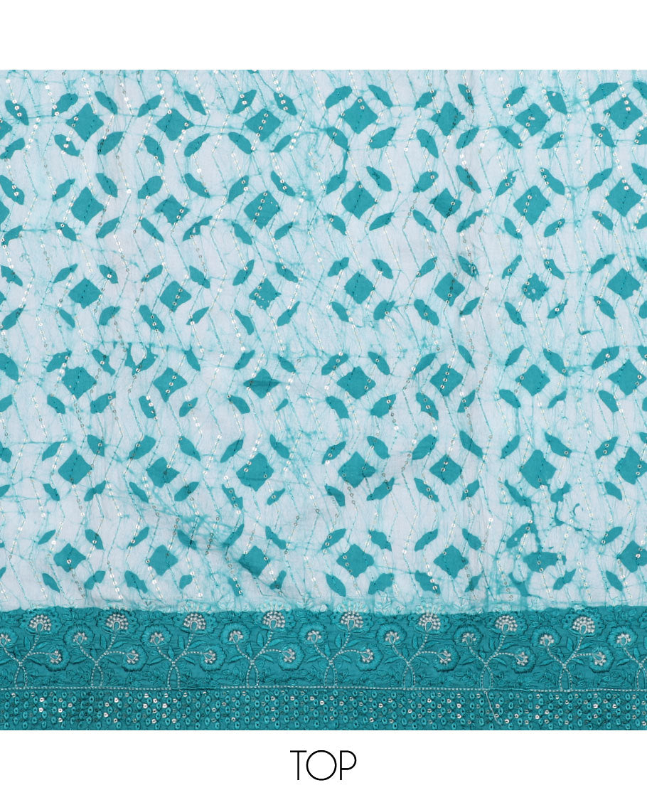Blue material chudidhar set, geometric batik printed & embroidered top, contrast printed bottom & dupatta of batik-print