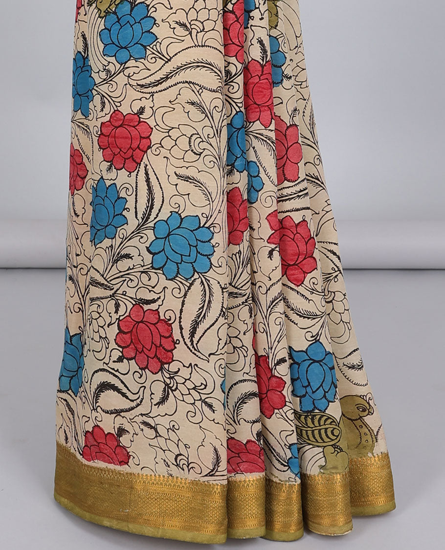 Multi-color floral vine & bird hand-painted pen kalamkari silksaree, contrast zari border & pallu of human figurines