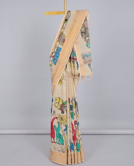 Cream floral,animal & human figurines hand-painted pen kalamkari silksaree, traditional zari border & human motifs pallu