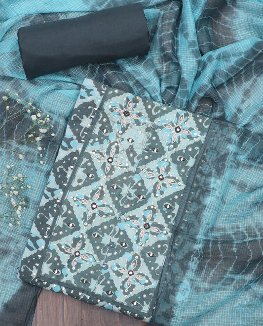 Blue material chudidhar set, batik printed & embroidered top, contrast plain bottom & shibori printed dupatta