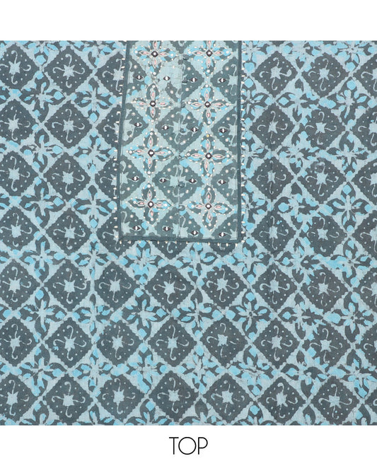 Blue material chudidhar set, batik printed & embroidered top, contrast plain bottom & shibori printed dupatta