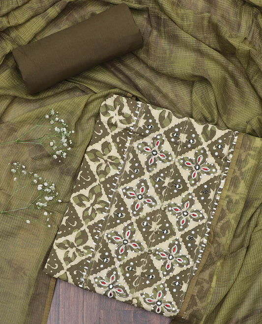 Green material chudidhar set, batik printed & embroidered top, contrast plain bottom & shibori printed dupatta
