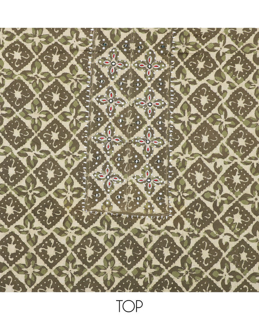 Green material chudidhar set, batik printed & embroidered top, contrast plain bottom & shibori printed dupatta