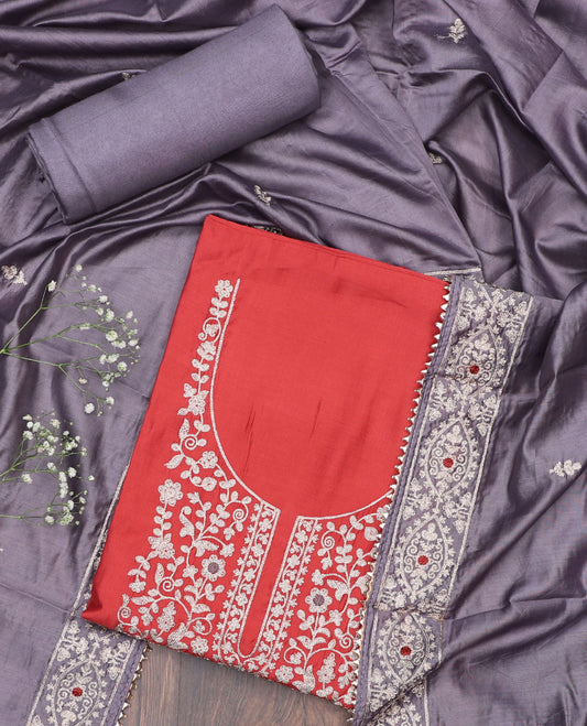 Red material chudidhar set, neck embroidered top, contrast plain bottom & embroidered  dupatta