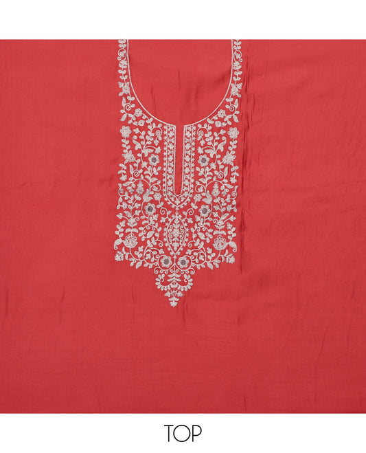 Red material chudidhar set, neck embroidered top, contrast plain bottom & embroidered  dupatta