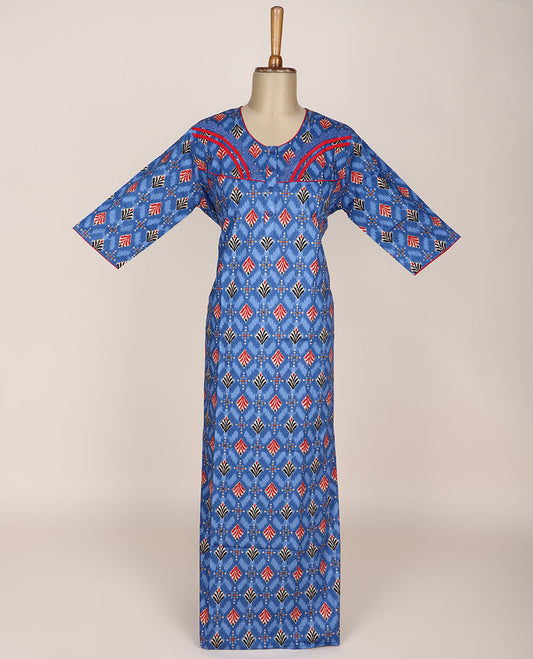 Blue ikkat design printed with lace work round-neck 3/4th-sleeve nighty