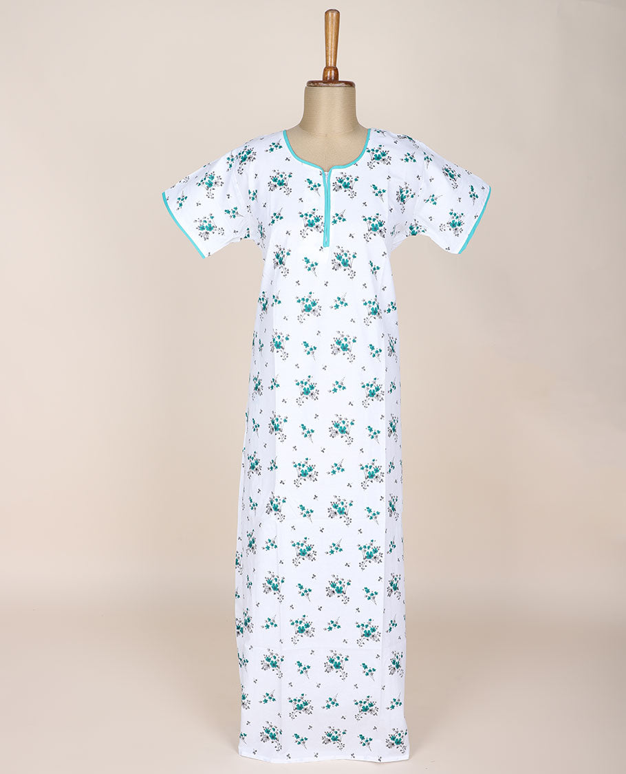 White floral motifs printed & lace border round neck half-sleeve nighty