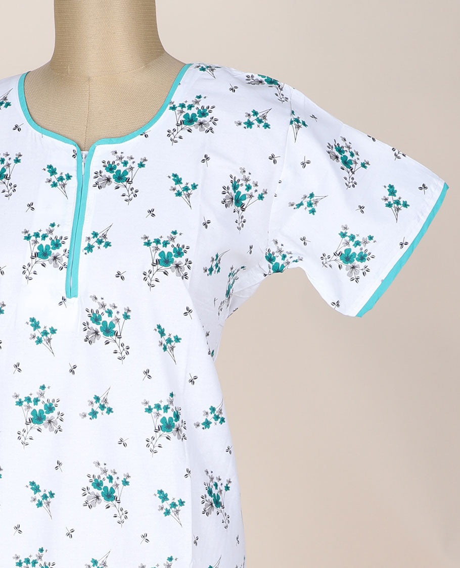White floral motifs printed & lace border round neck half-sleeve nighty