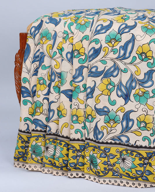 Multi-color floral vine machine-printed kalamkari cotton saree, contrast floral creeper border & peacock pallu