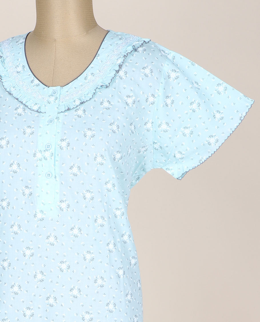 Baby blue floral printed & lace work round-neck half-frill sleeve nighty