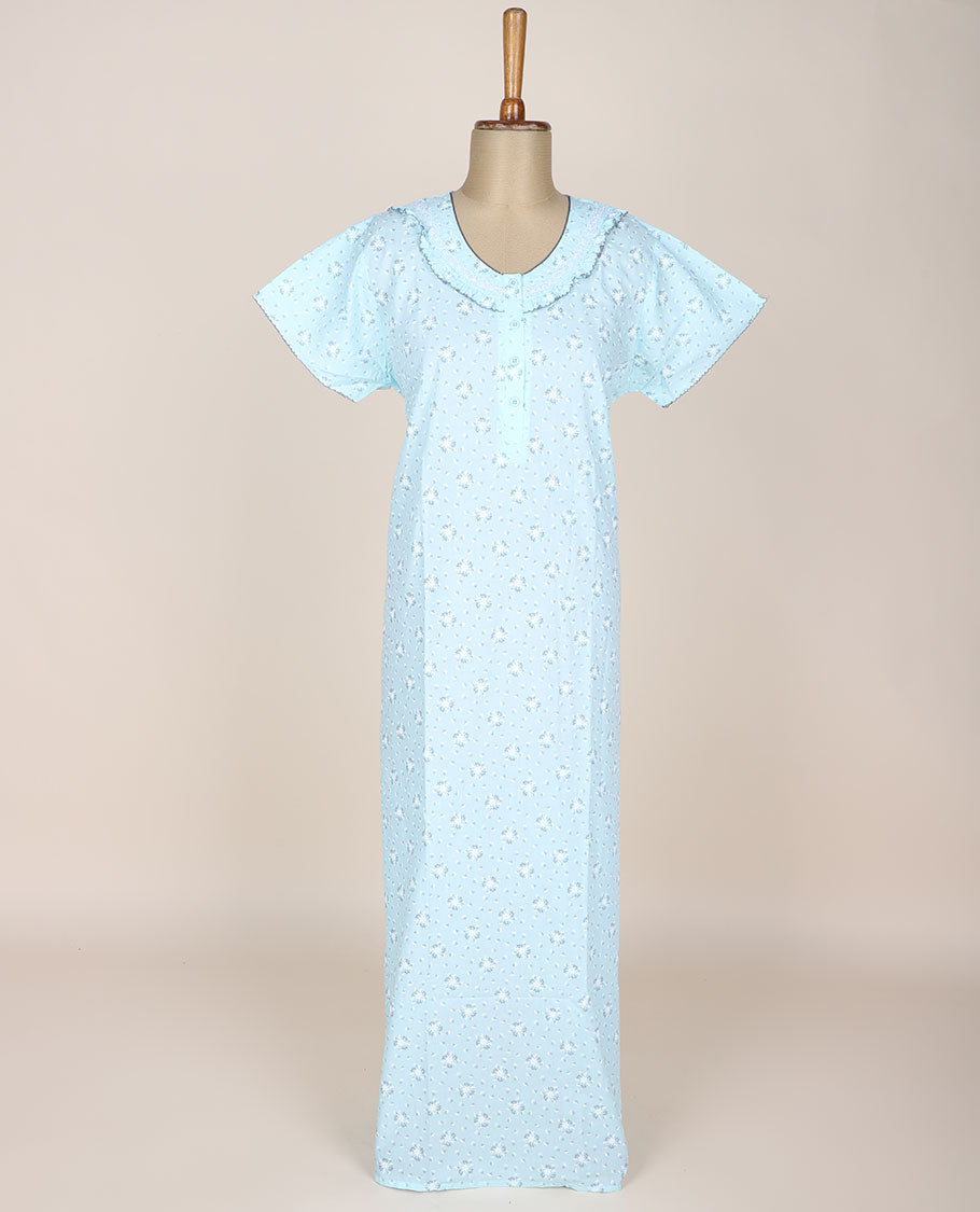 Baby blue floral printed & lace work round-neck half-frill sleeve nighty