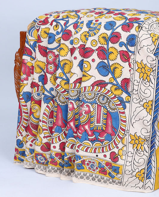 Multi-color floral vine & animal motifs machine-printed kalamkari cotton saree,floral creeper border & pallu of peacocks