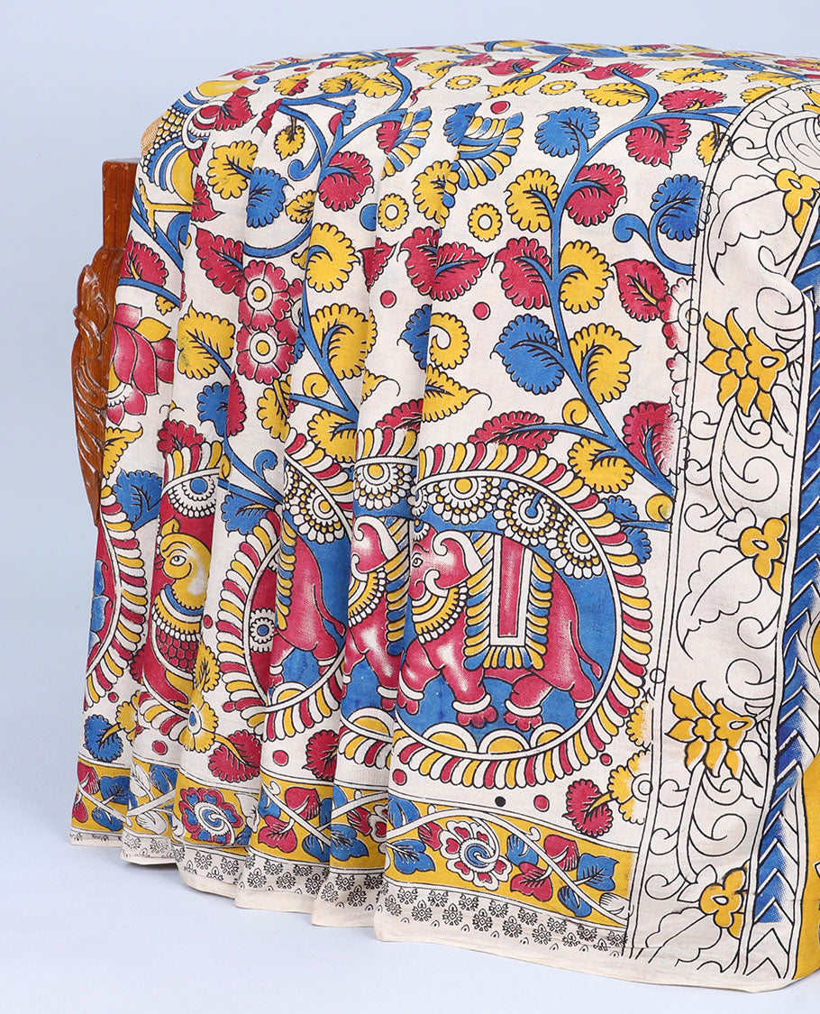 Multi-color floral vine & animal motifs machine-printed kalamkari cotton saree,floral creeper border & pallu of peacocks