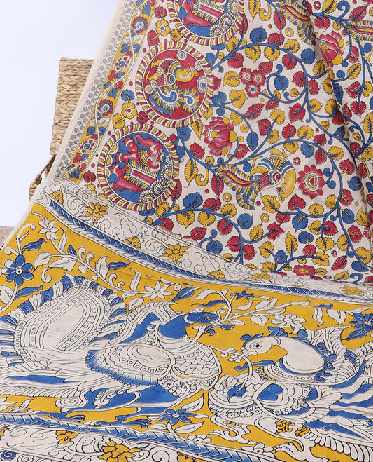 Multi-color floral vine & animal motifs machine-printed kalamkari cotton saree,floral creeper border & pallu of peacocks