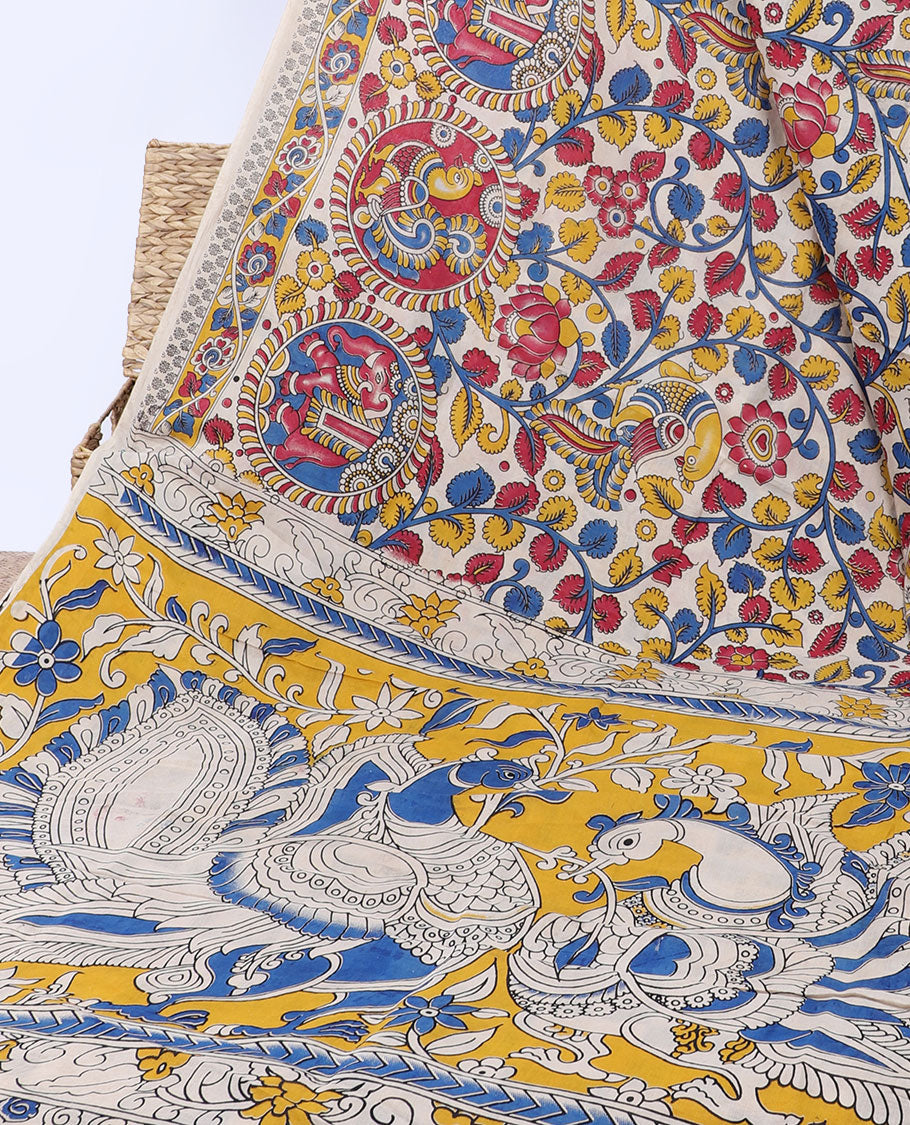 Multi-color floral vine & animal motifs machine-printed kalamkari cotton saree,floral creeper border & pallu of peacocks