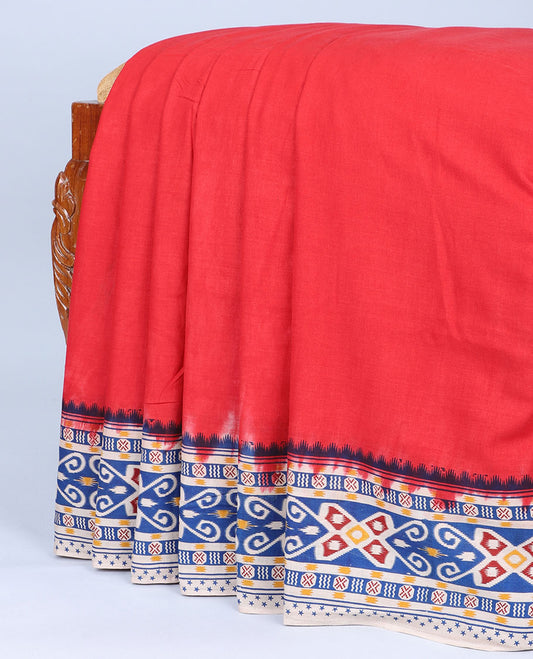 Red plain machine-printed kalamkari cotton saree, contrast ikkat design border & animal motifs pallu