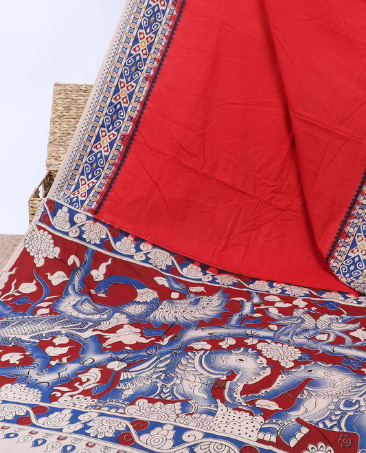 Red plain machine-printed kalamkari cotton saree, contrast ikkat design border & animal motifs pallu