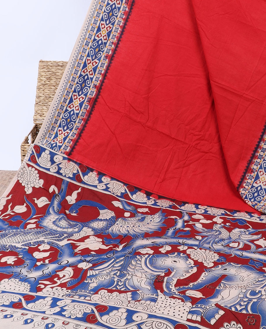 Red plain machine-printed kalamkari cotton saree, contrast ikkat design border & animal motifs pallu